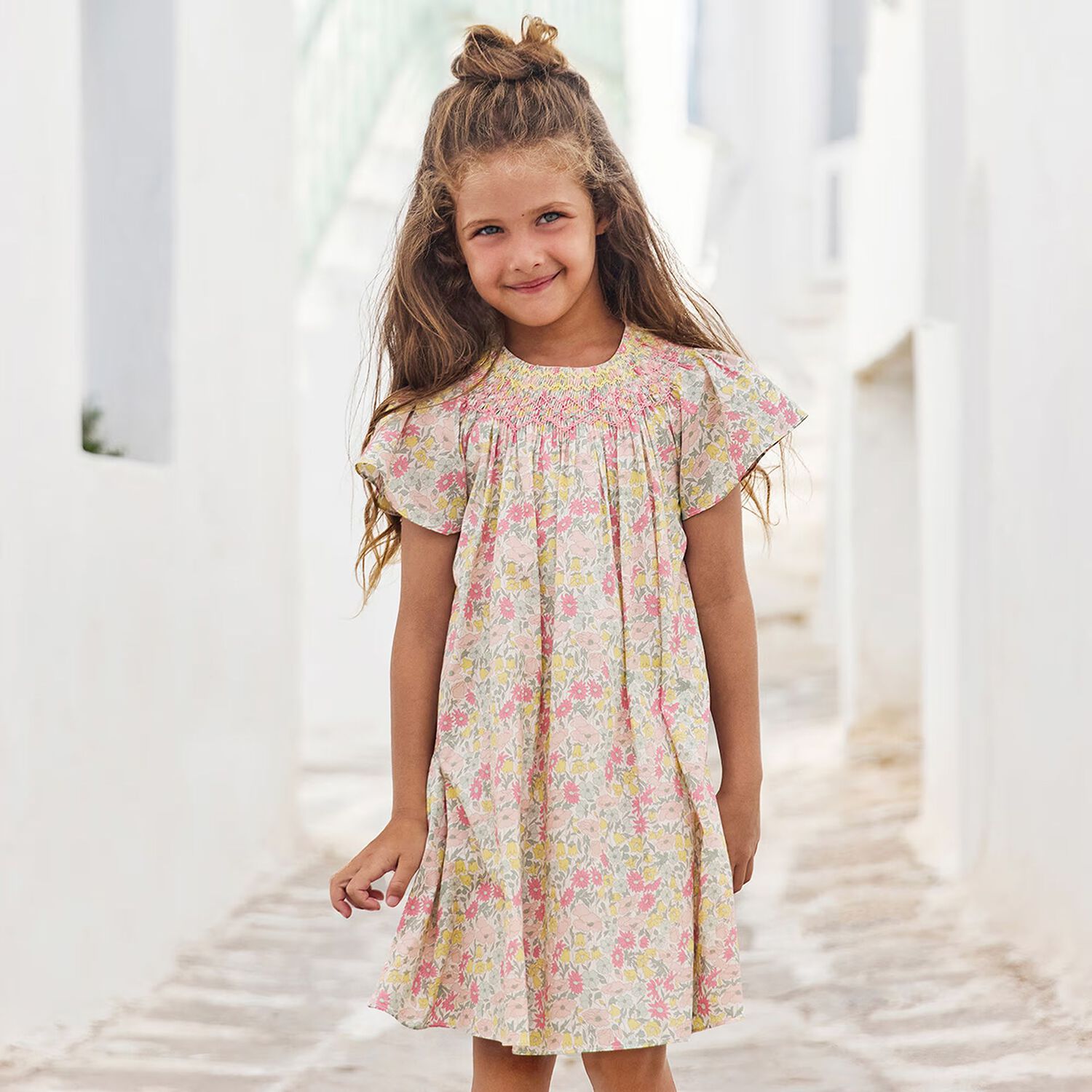 Girls Pink & Yellow Floral Liberty Print Dress, 1, hi-res