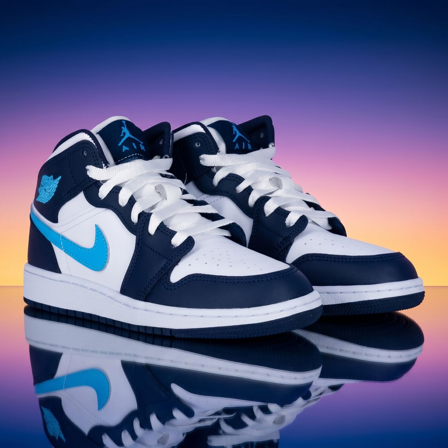 Blue & White Air Jordan 1 Mid Trainers, 6, hi-res