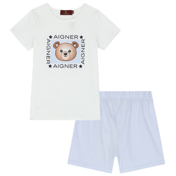 Boys White & Blue Teddy Logo Pyjamas