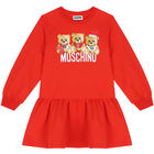 Girls Red Teddy Bear Logo Dress, 1, hi-res