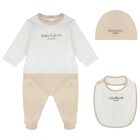 White & Beige Logo Babygrow Gift Set, 1, hi-res
