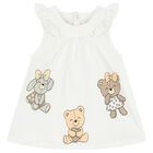 Baby Girls White Cotton Teddy Bear Dress, 1, hi-res