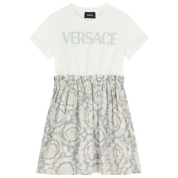 فستان باروكو أبيض ورمادي بشعار للبنات