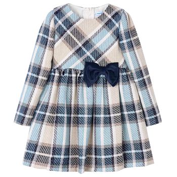 Girls Blue & Beige Bow Checked Dress