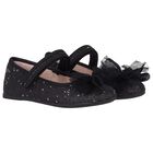 Girls Black Bow Glitter Shoes, 1, hi-res