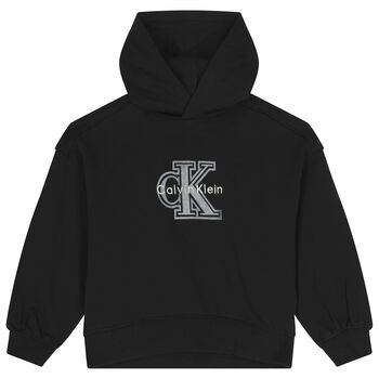 Girls Black Logo Hooded Top