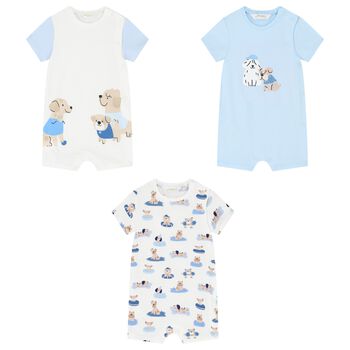 Baby Boys Blue & White Rompers (3 Pack)