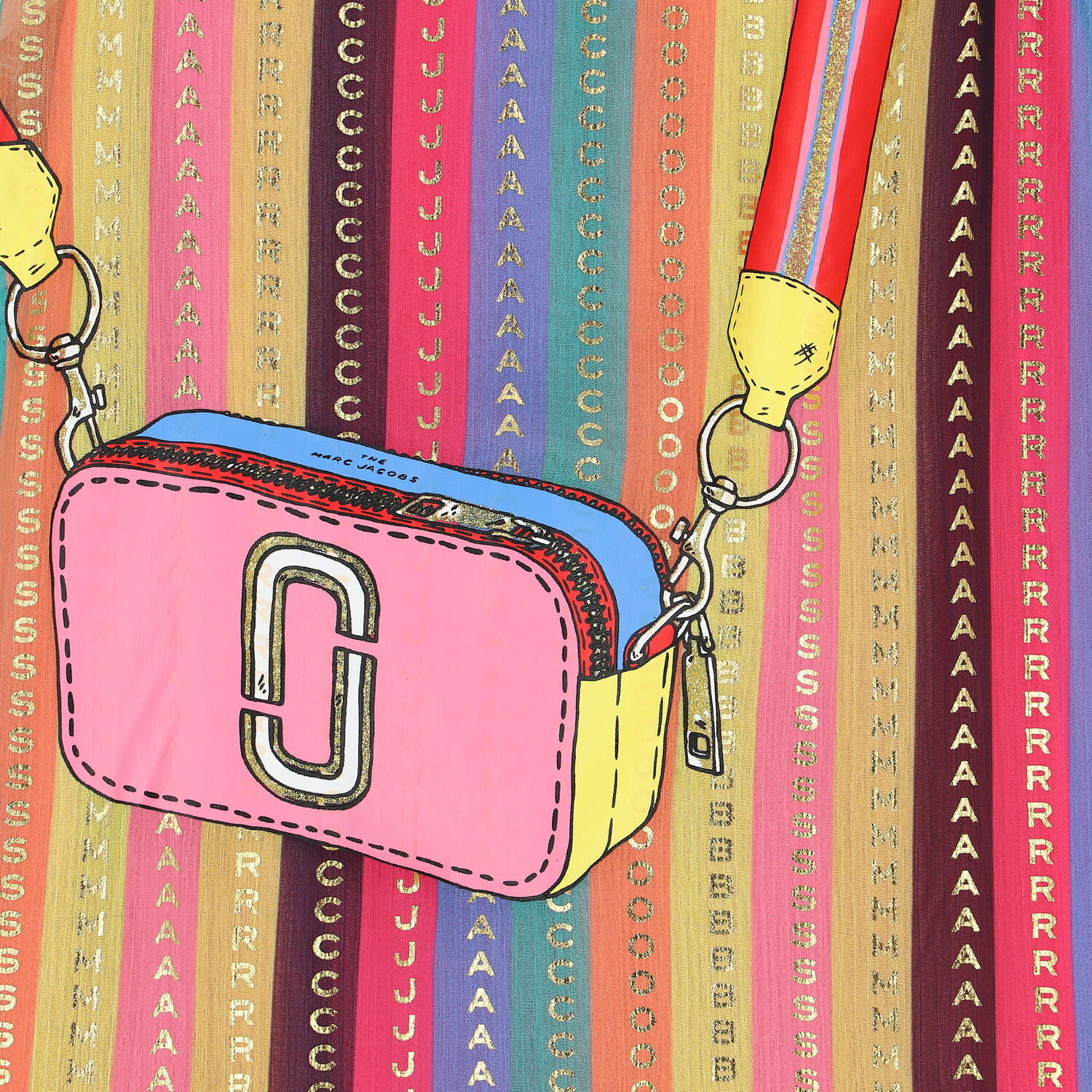 فستان بالشعار بطبعة الحقيبة باللون الذهبي و الوردي , 1, hi-res