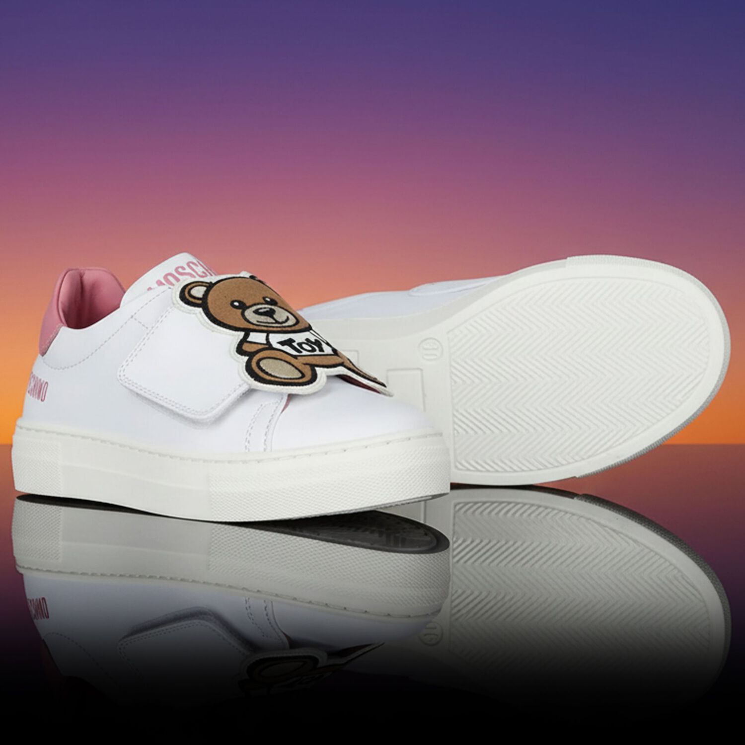 Girls White & Pink Teddy Bear Logo Trainers, 2, hi-res