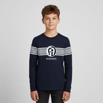 Boys Navy Logo Long Sleeve Top