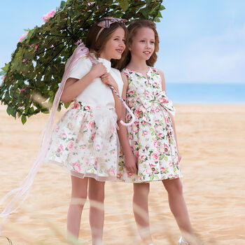 Girls Ivory & Pink Satin Rose Dress