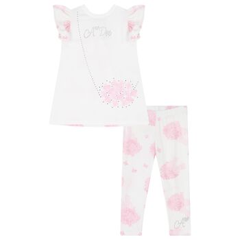 Girls White & Pink Floral Bag Print Leggings Set