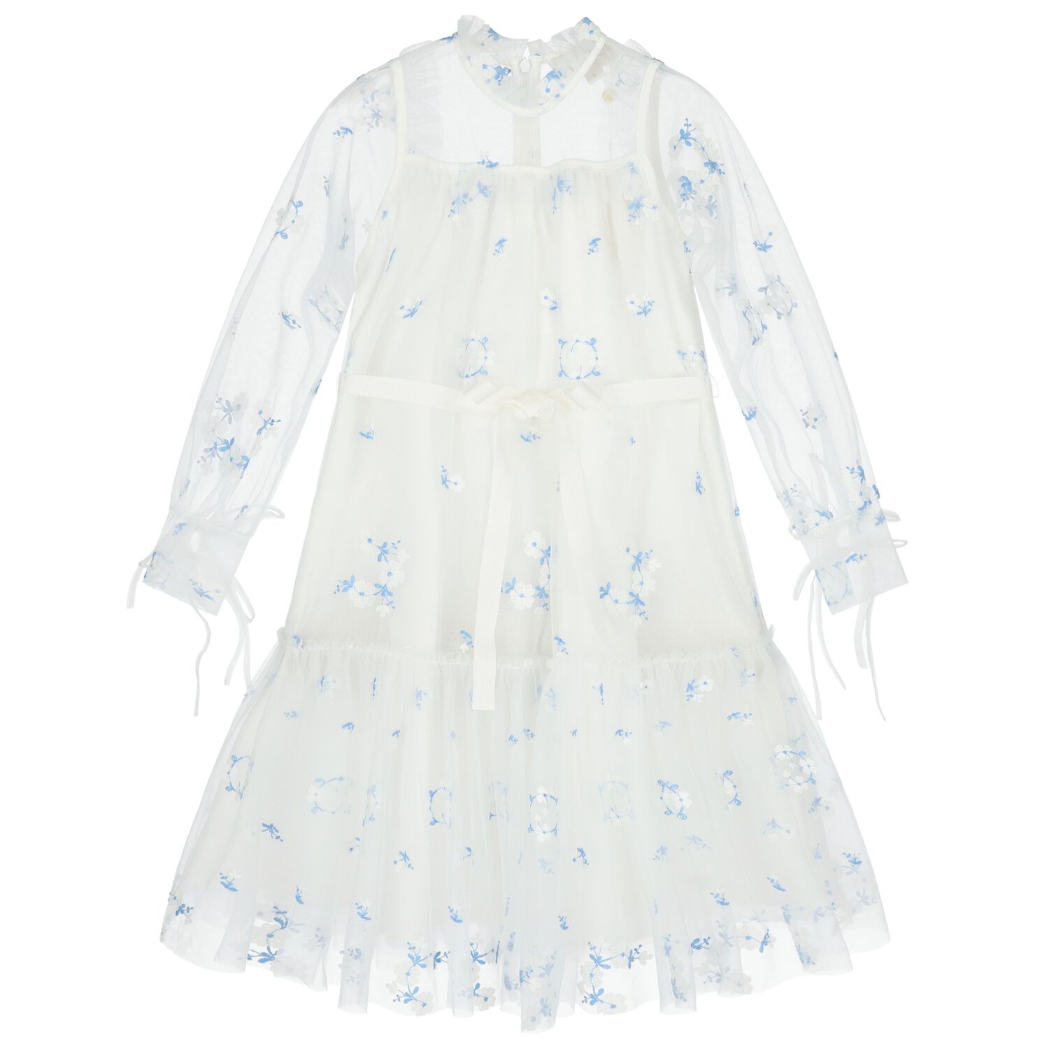 Girls White & Blue Floral Tulle Dress , 1, hi-res