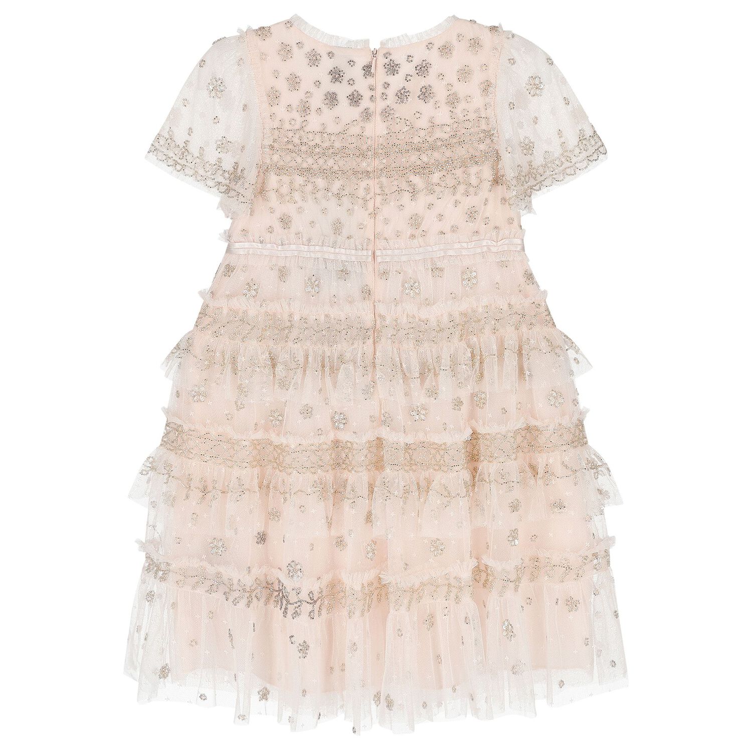 Girls Pink Beaded Ruffle Tulle Dress, 1, hi-res