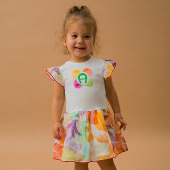 Younger Girls White Floral Logo Dress
