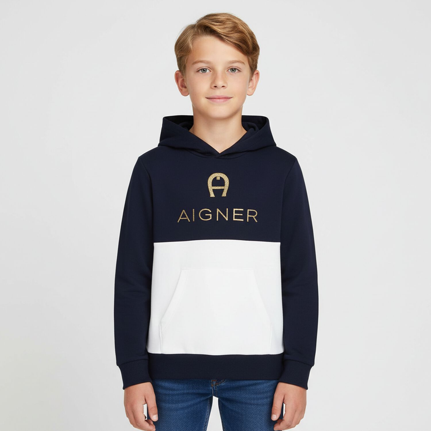 Boys Navy Blue & White Logo Hooded Top, 1, hi-res