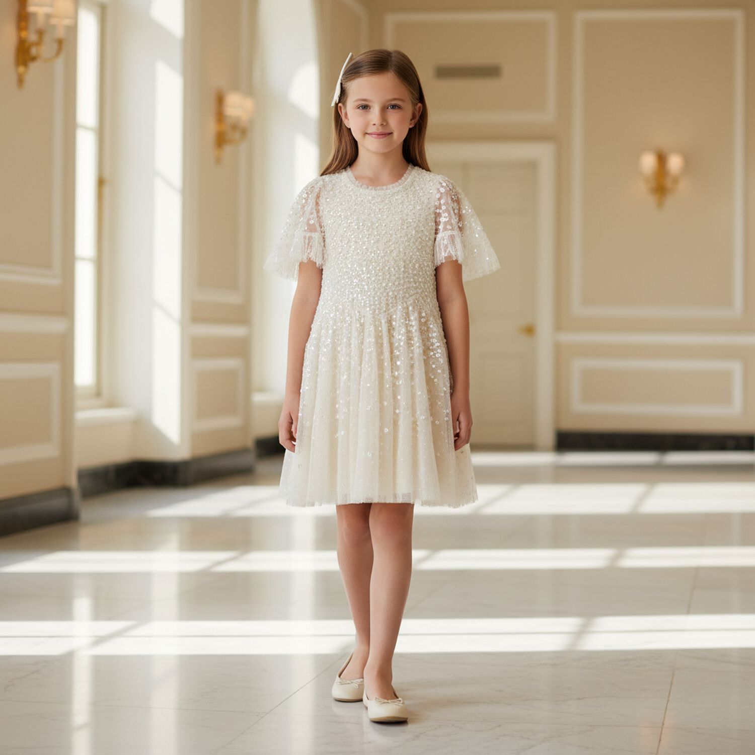 Girls Ivory Sequin & Tulle Dress, 1, hi-res