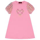 Girls Pink Heart Logo Sequins Dress, 1, hi-res