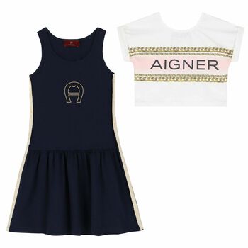 Girls Navy Blue & White Logo Dress Set