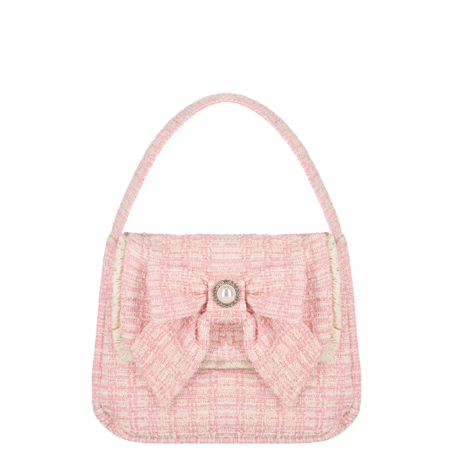 Girls Pink Bow Tweed Handbag, 1, hi-res