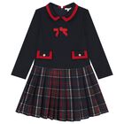 Girls Navy Blue Tartan Dress, 1, hi-res