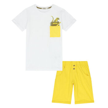 Boys White & Yellow Lizard Shorts Set