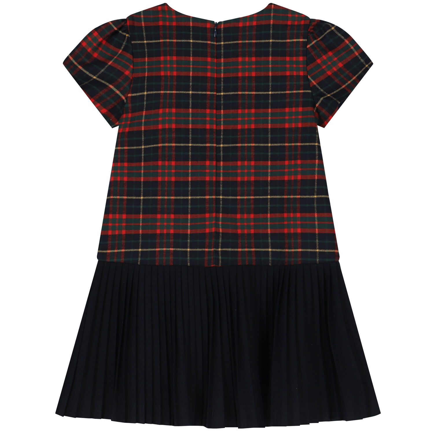 Girls Navy Blue & Red Tartan Pleated Dress, 1, hi-res