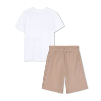 Boys White & Beige Logo Shorts Set