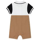 Baby Boys White & Beige Logo Romper, 3, hi-res