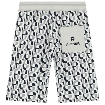 Younger Boys White & Grey Logo Bermuda Shorts