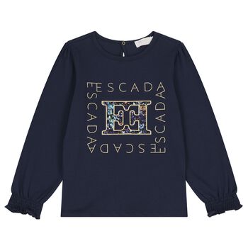 Girls Navy Blue Logo Long Sleeve Top