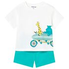 Younger Boys White & Aqua Shorts Set, 3, hi-res