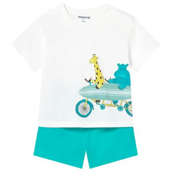 Younger Boys White & Aqua Shorts Set