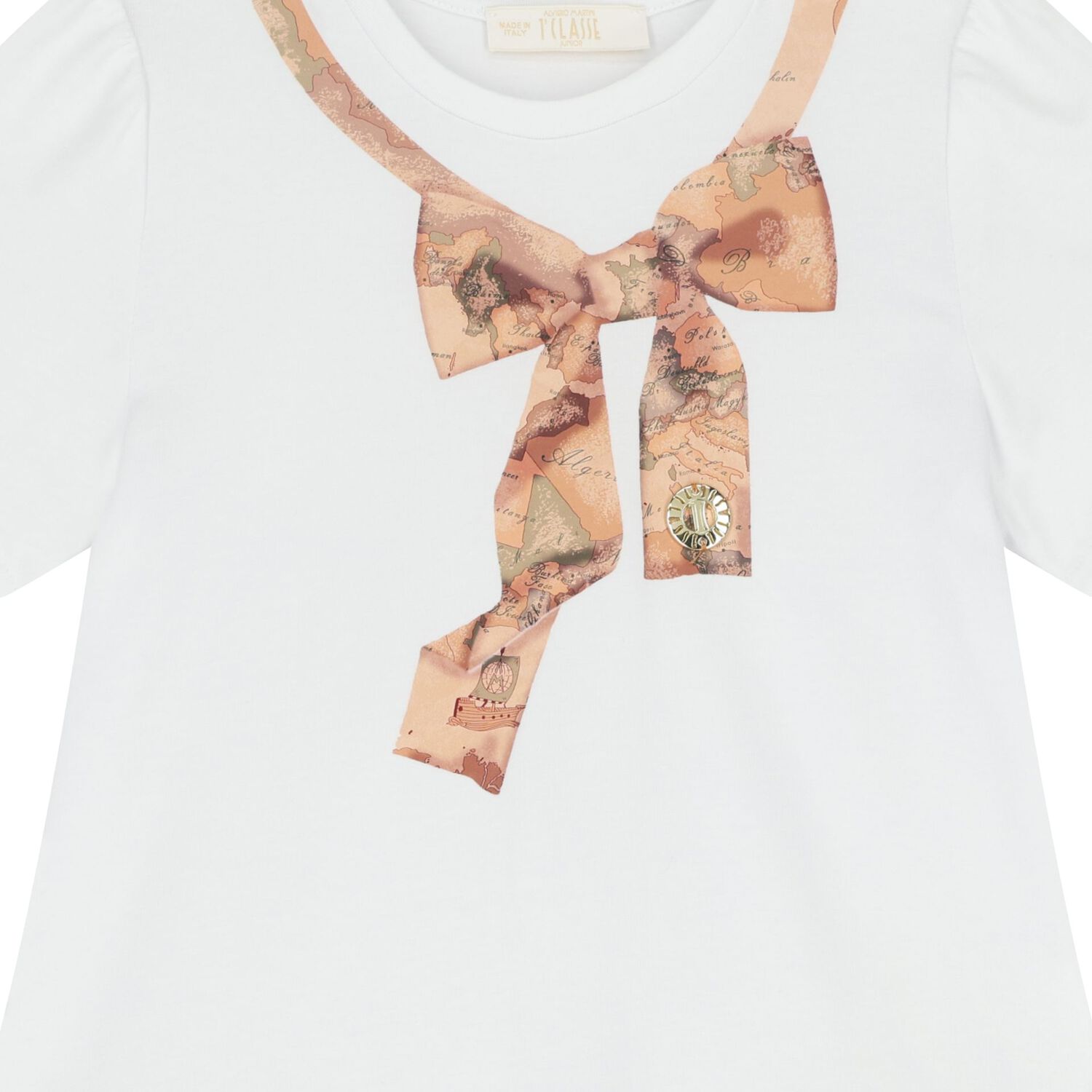 Girls White & Beige Bow Logo Dress, 2, hi-res