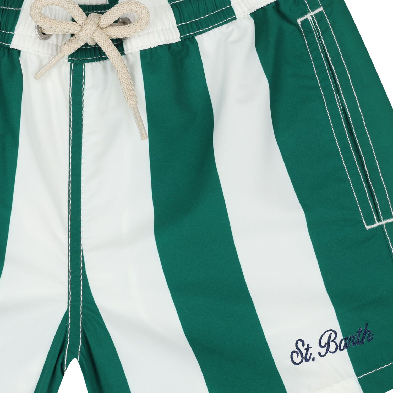 Boys Green & White Logo Striped Swim Shorts, 1, hi-res