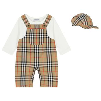 Baby Boys White & Beige Check Dungaree Set