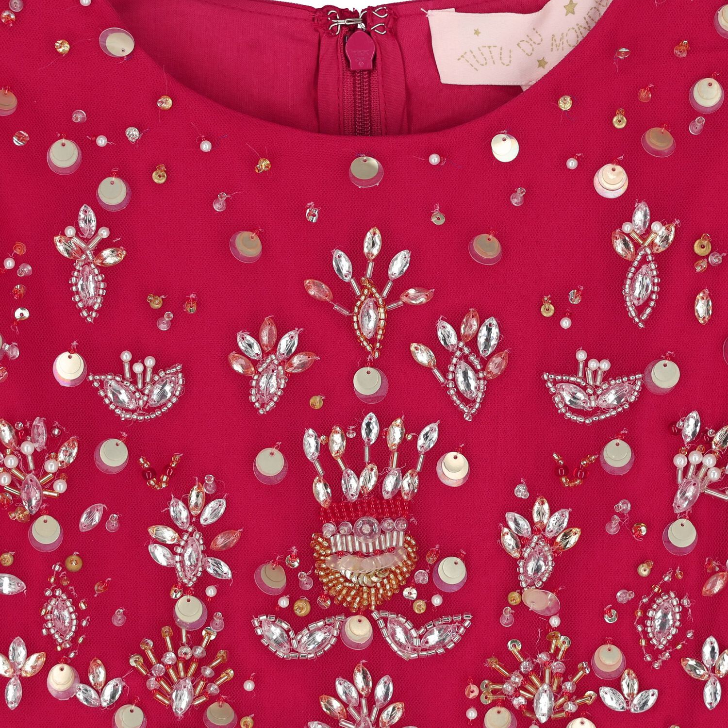 Girls Red Embellished Tulle Dress, 1, hi-res