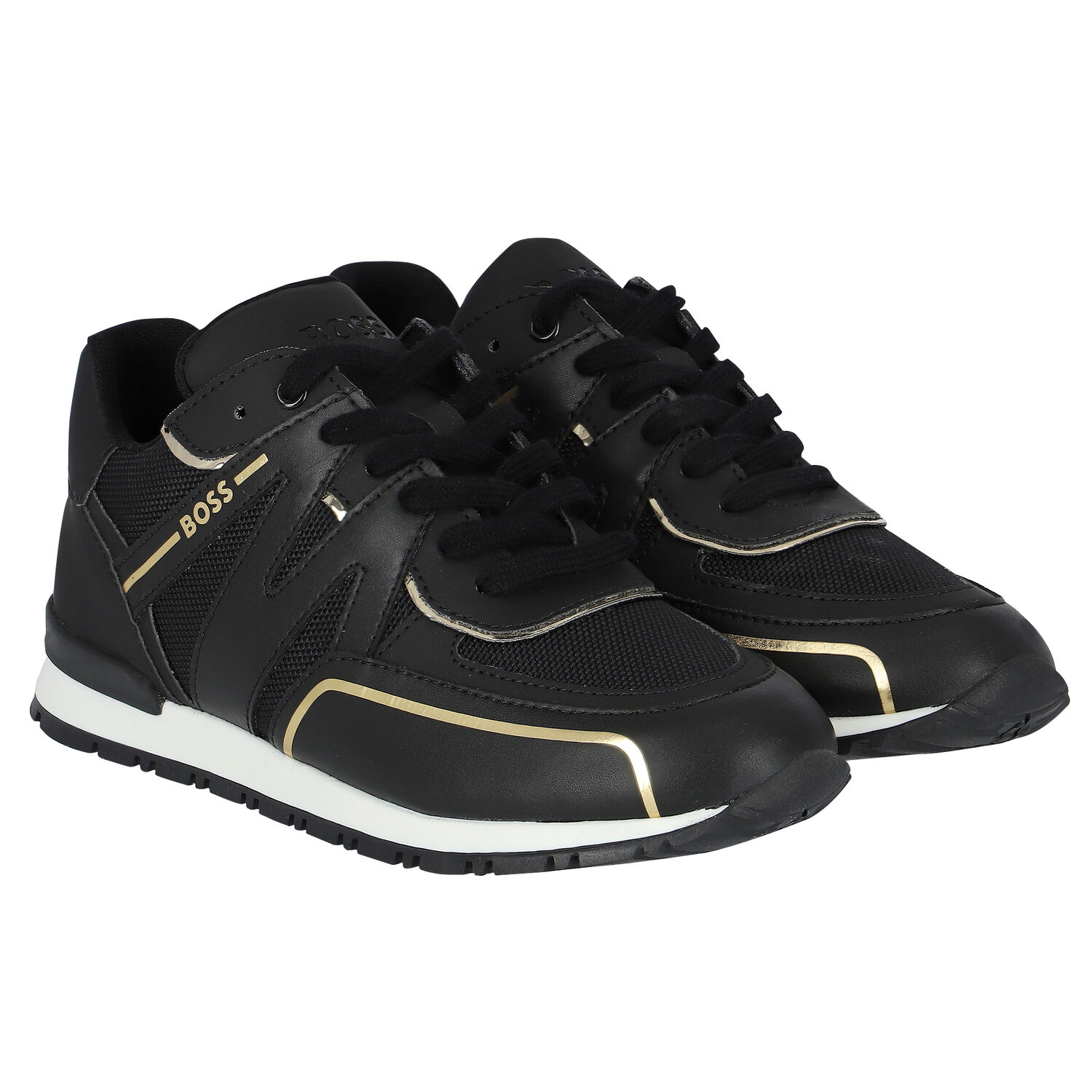 Boys Black & Gold Logo trainers, 1, hi-res