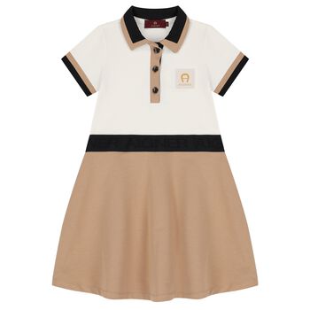 Girls Ivory & Beige Logo Polo Dress