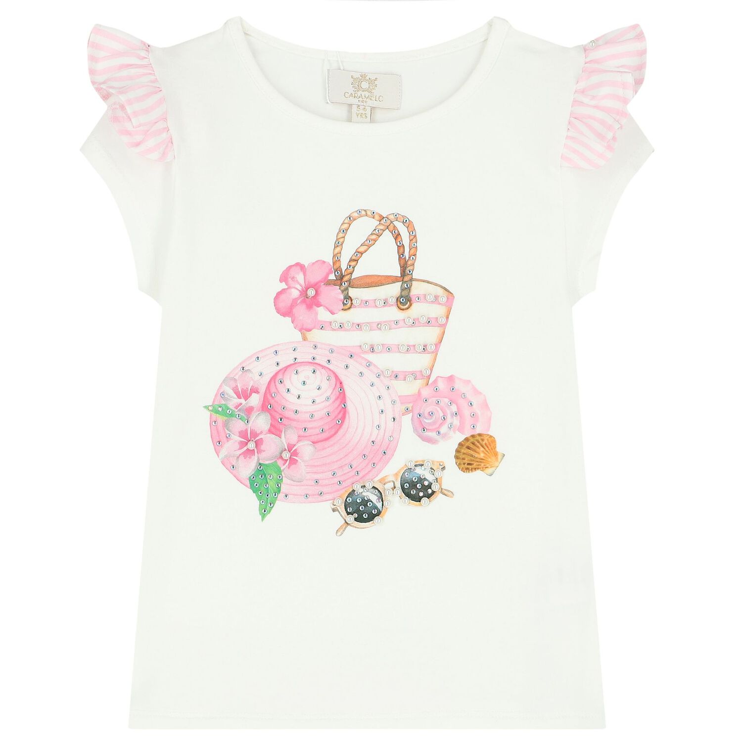 Girls Ivory & Pink Striped Shorts Set, 1, hi-res image number null