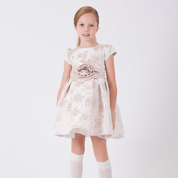Girls Ivory & Gold Jacquard Dress