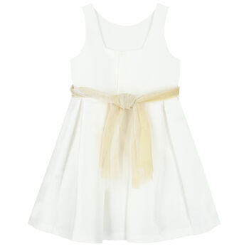 Girls White & Gold Flower Satin Dress