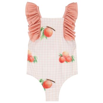 Girls Coral & White Peaches Swimsuit