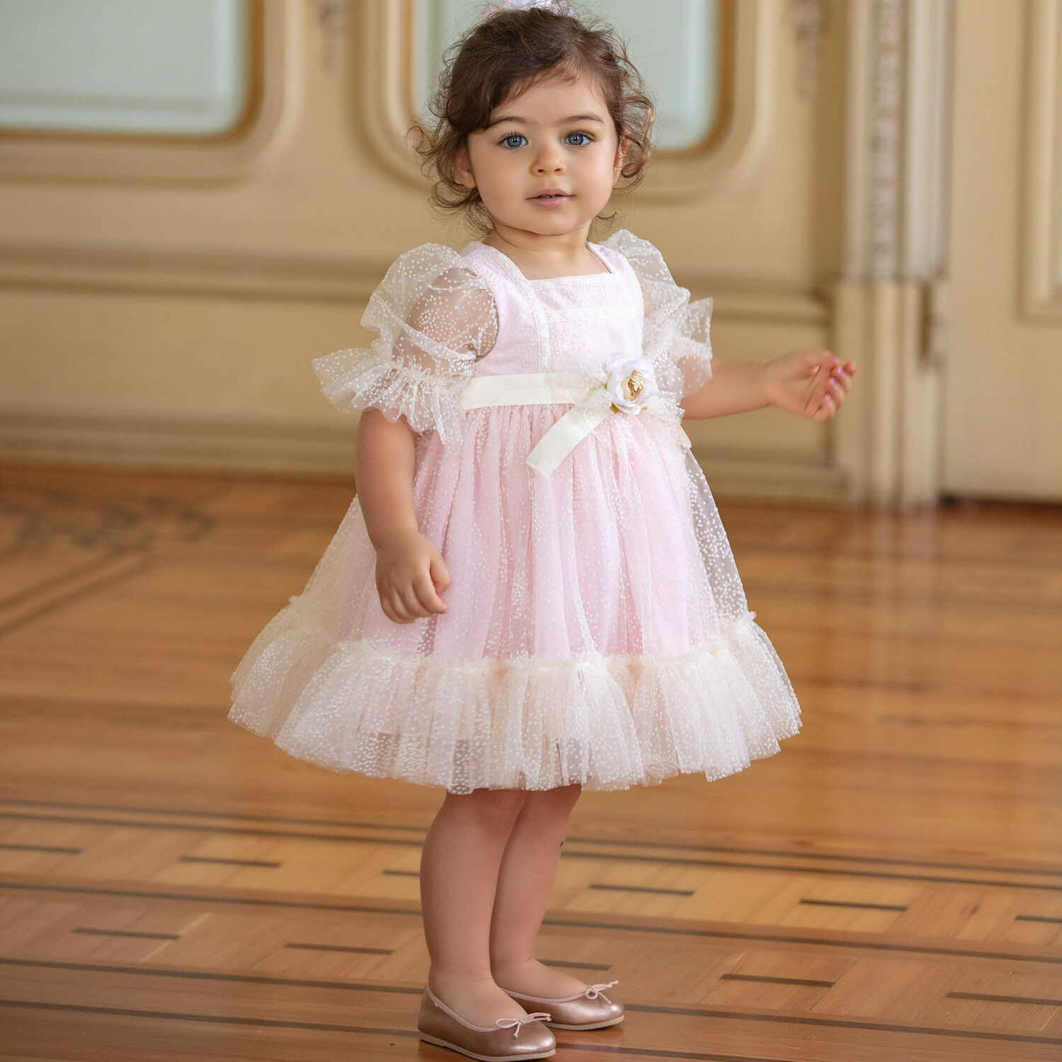 Younger Girls Ivory & Pink Tulle Dress, 1, hi-res