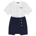 Girls White & Navy Blue Logo Dress, 1, hi-res