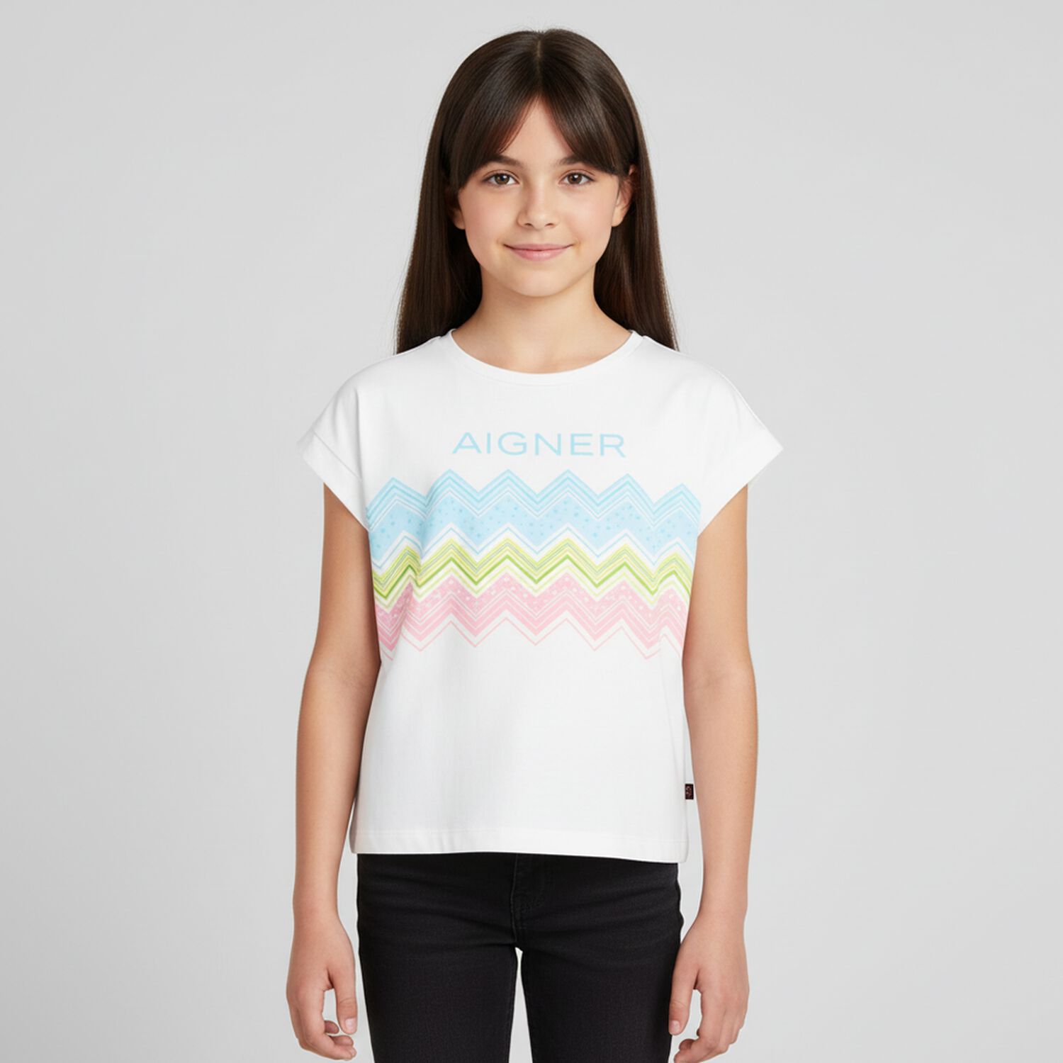 Girls White Zigzag Logo T-Shirt, 1, hi-res image number null