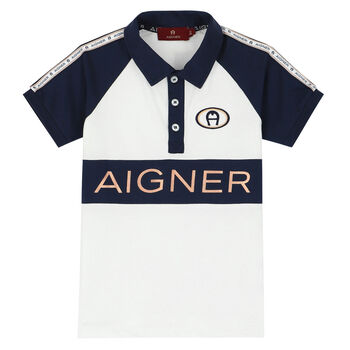 Aigner تيشيرت بولو بالشعار باللون الأبيض للأولاد, 1 تيشيرت بولو بالشعار باللون الأبيض للأولاد