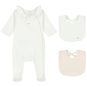 Baby Girls Ivory Babygrow & Bib Gift Set (3 Piece)