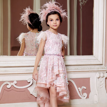 Girls Pink Embellished Sequin Tulle Dress
