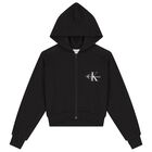 Girls Black Logo Hooded Zip Up Top, 1, hi-res